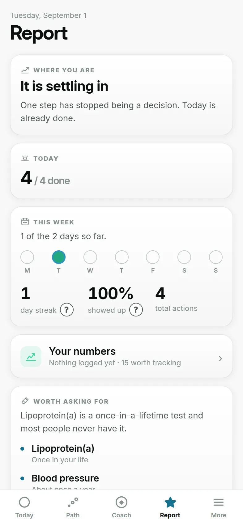 The current Report screen in Just Progress